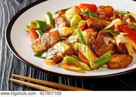 Twice Cooked Pork Tender Fatty Pork Cooked In A Rich Scrumptious Sauce And Vegetables Closeup In The