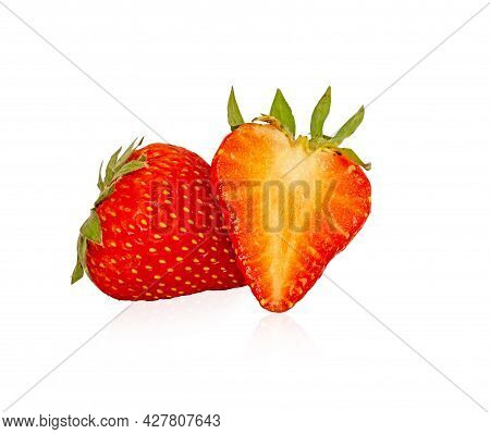 Group Of Fresh Berry Fruit, Round And A Half Sliced Of Red Strawberry Isolated On White Background, 