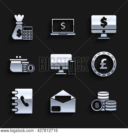 Set Computer Monitor And Mobile Phone, Envelope, Cryptocurrency Coin Bitcoin, Coin Money With Pound 