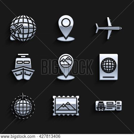 Set Map Pointer With Mountain, Postal Stamp And Mountains, Cruise Ticket For Traveling By Ship, Pass