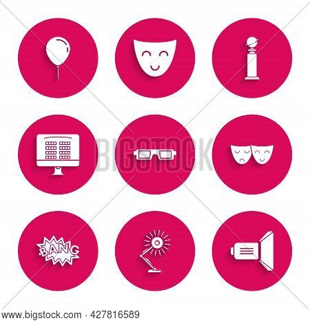 Set 3d Cinema Glasses, Movie Spotlight, Comedy And Tragedy Theatrical Masks, Bang Boom Text Speech B