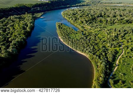 Stunning Top View Of The Sinuous Dniester River. Summer Landscape Of The Dniester River. Picturesque