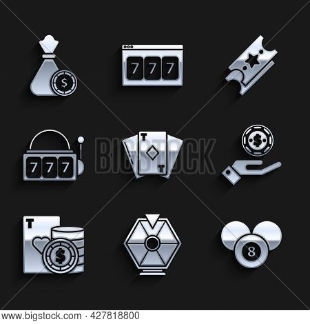 Set Playing Card With Diamonds, Lucky Wheel, Billiard Pool Snooker 8 Ball, Hand Holding Casino Chips