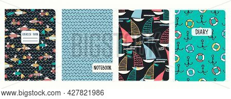 Cover Page Vector Templates With Sailboats, Tropical Fish, Waves. Headers Isolated And Replaceable