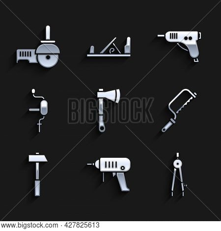 Set Wooden Axe, Electric Drill Machine, Drawing Compass, Hacksaw, Hammer, Hand, Hot Glue Gun And Ang