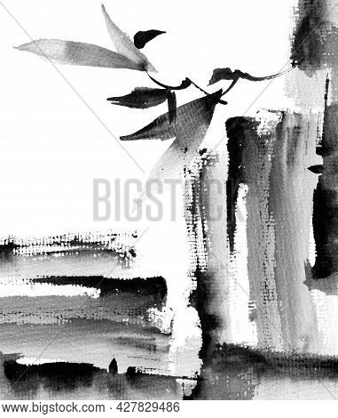 Watercolor And Ink Illustration Of Tree Branch And Abstract Grunge Strokes - Grayscale Drawing On Wh