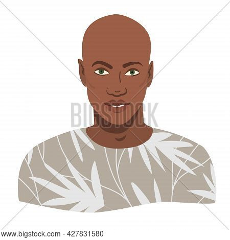 Portrait Of Bald Black Man With Shaved Head. Vector Illustration Avatar Of Stylish Trendy Bald Heade