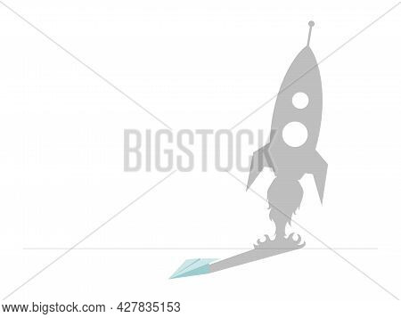 Paper Plane With Shadow In The Shape Of Rocket Vector Flat Illustration Isolated On White Background