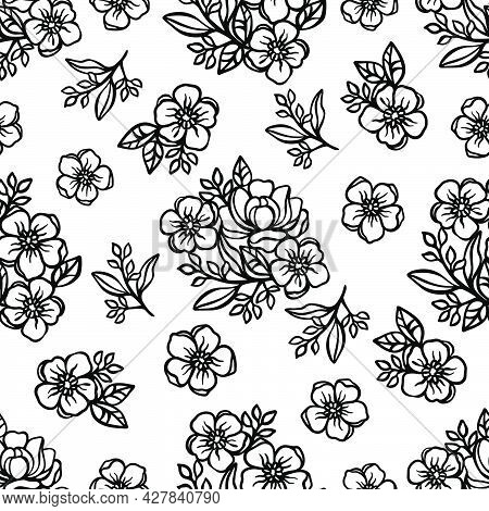 Buttercup Pattern Floral Monochrome Seamless Background With Flowers Buttercups And Rose Composition