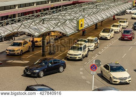 Berlin, Germany - July 01, 2018: Taxis At Berlin Tegel - Otto Lilienthal Airport Parking Lot, Txl, E