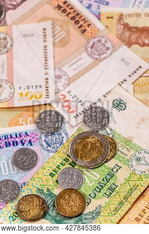 A Composition Of Moldovan Leu. Mdl Banknotes And Coins Providing Great Options To Be Used For Illust