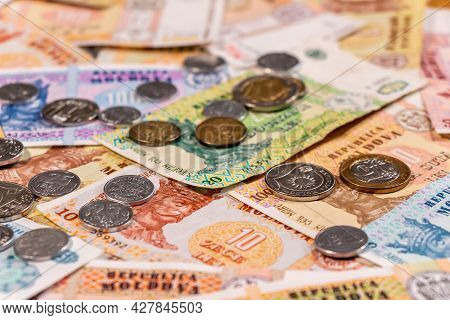 A Composition Of Moldovan Leu. Mdl Banknotes And Coins Providing Great Options To Be Used For Illust