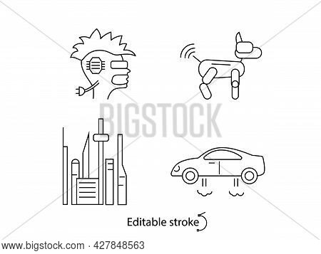 Cyberpunk Outline Icons Set. Futuristic City. Robot Dog Technology. Flying Car. Customizable Linear 