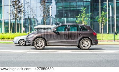 Moscow, Russia - July 2021: Audi Q5 Car Moving On The Street. Compliance With Speed Limits On Road C
