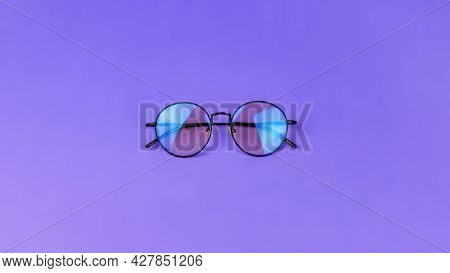 Glasses With A Blue Light Filter To Protect The Eyes While Working At The Computer. Round Glasses Fo