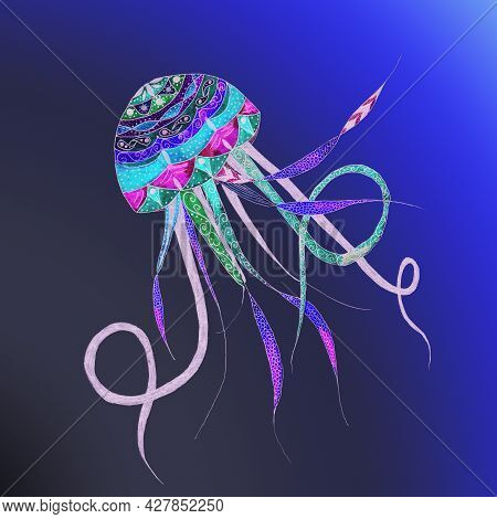A Fantastic,bright,multicolored Jellyfish With Patterns Swims, Soars In The Sea Or Ocean