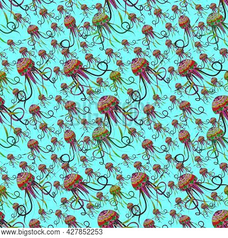 A Fantastic,bright,multicolored Jellyfish With Patterns Swims, Soars In The Sea Or Ocean