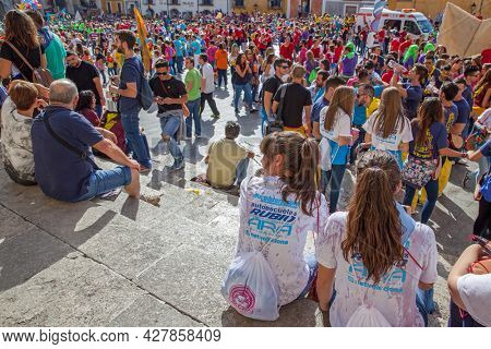 Cuenca, Spain - September 18, 2015: People in Plaza Mayor in Cuenca during The San Mateo fiesta before bull running