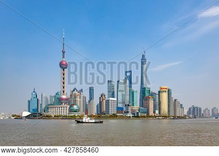 Shanghai, China - April 7, 2014: Panoramic view Pudong New Area in Shanghai city