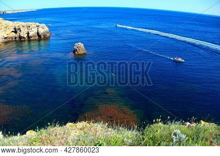 Tarhankut Cape, Crimea Peninsula. Summer Seascape, Famous Travel Destination. Beautiful Sea Coast Wi