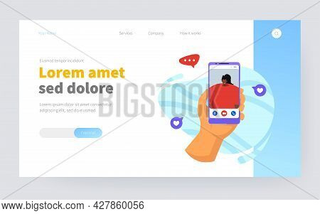 Hand Of Person Using Mobile Phone For Video Call, Talking To Girl Friend. User Holding Cellphone Wit