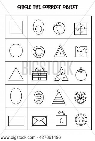 Find The Correct Object In A Row. Match Shapes And Objects. Learning Geometrical Shapes.