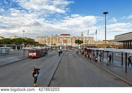 Rome, Italy - October 2019: Bus Stops At Piazza Dei Cinquecento In Front Of Roma Termini, The Main R