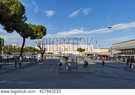 Rome, Italy - October 2019: Bus Stops At Piazza Dei Cinquecento In Front Of Roma Termini, The Main R