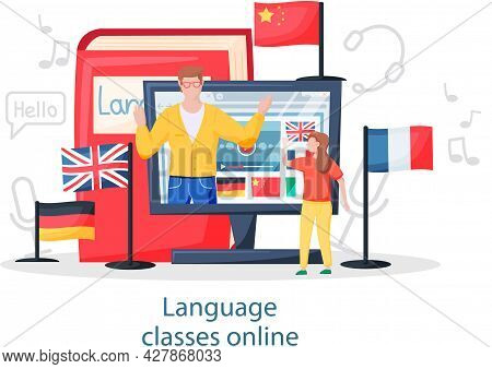 Language Classes Online With Education Platform Vector Banner. Foreign Speech Study At Home Using Co