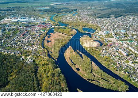 Aerial View Of River Floodplan And Green Forest In Summer Day. Bird Eye View Of Beautiful Nature Lan