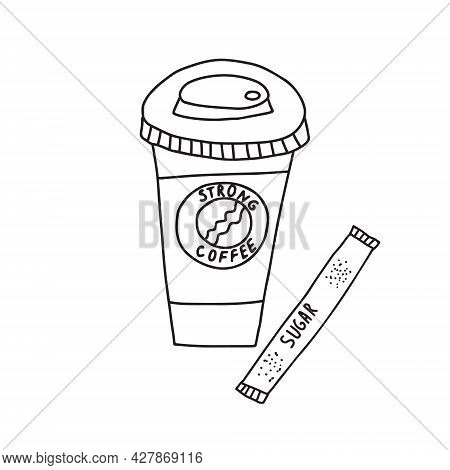 Hand Drawn Doodle Vector Illustration Of Hot Coffee In A Paper To Go Cup With A Protective Sleave. I