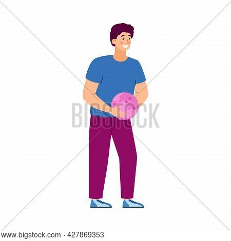 Bowling Or Kegling Player Male Holding Ball, Flat Vector Illustration Isolated.