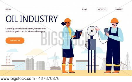 Baner With Oilman, Gasman On Factory Check And Control Worker Industry Equipment.
