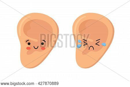 Human Ear Kawaii Happy And Sad Characters. Healthy And Sick Ear. Healthy Organ Of Hearing. Otitis An