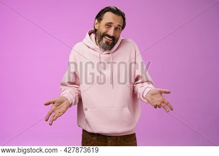 Portrait Doubtful Unsure Awkward Mature Man Shrugging Spread Hands Sideways Clueless Cringing Frowni