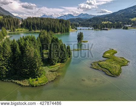 Drone View Of The Lake At Valbella In The Swiss Alps