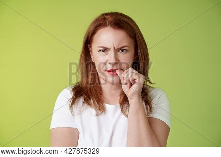 Confused Puzzled Redhead Middle-aged Mother Perplexed Look Troubled Solving Troublesome Situation Po