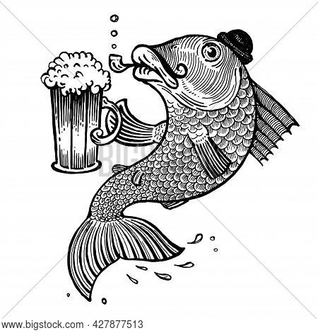 Fish With A Beer Mug, Vector Illustration. Drawing With An Ink Pen And Pencil. Collection Of Fish.