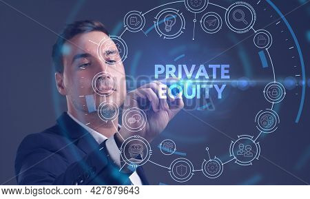 Business, Technology, Internet And Network Concept. Young Businessman Working On A Virtual Screen Of