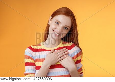 Pleased Tender Feminine Good-looking Redhead Woman Receive Compliment Confession Touch Heart Feel Wa