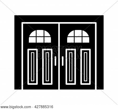 Side Hinged Vintage Garage Door. Black & White Vector Illustration. Flat Icon Of Closed Warehouse Or