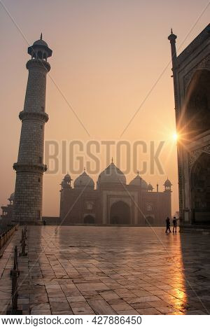 View Of Jawab From Taj Mahal Base At Sunrise, Agra, Uttar Pradesh, India. Taj Mahal Was Designated A