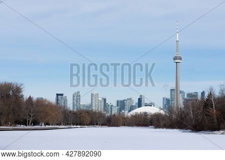 Winter On Toronto Islands With Skyline Of Toronto Downtown Backdrop