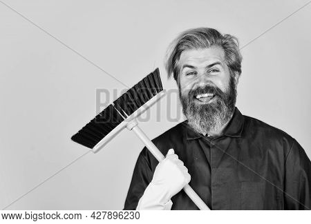 Janitor Professional. Garbage Removal. Cleaning Day. Cleaning Agency. Worker With Brush. Cleaning Eq
