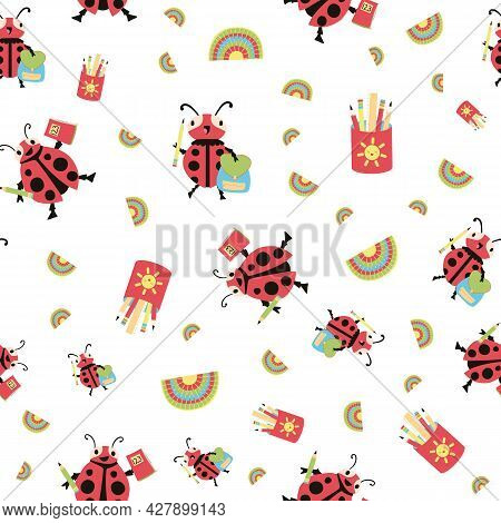 Ladybug Back To School Vector Seamless Pattern Background. Fun Cartoon Kawaii Ladybird Characters Wi