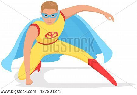 Strong Super Man Smiles And Flies To Save World Stretched Out His Hand. Brave Character In Superhero