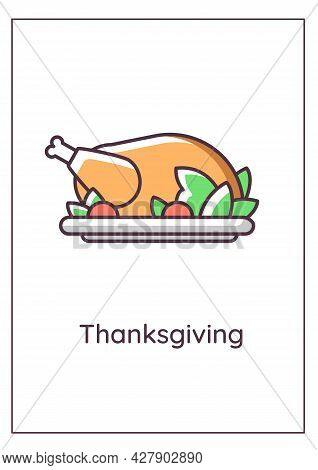 Thanksgiving Turkey Greeting Card With Color Icon Element. Festive Dinner Invitation. Postcard Vecto