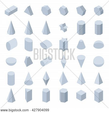3d Basic Geometric Shapes Set. Isometric Shapes For School, Mathematics. Isolated Vector Illustratio
