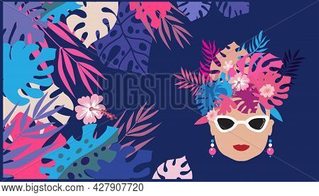 Summer Concept Design  With  Pretty Women,  Palm Trees, Tropical Leaves And Flowers. Exotic Modern  