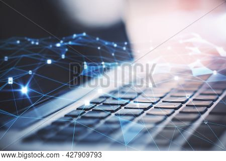 Close Up Of Hands Using Noteboook With Creative Glowing Polygonal Mesh On Blurry Background. Innovat